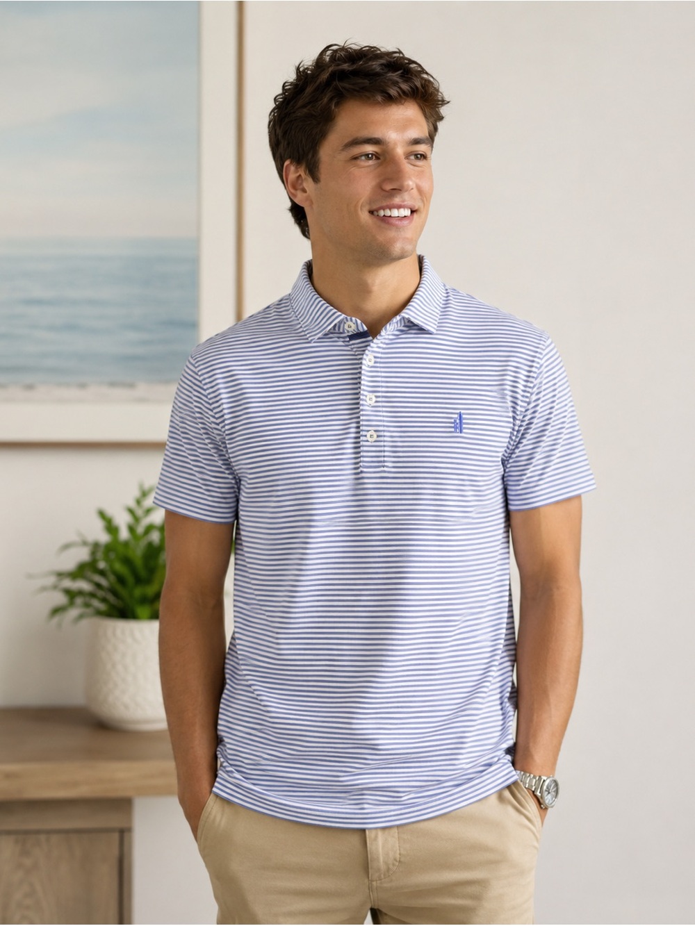johnnie-O Blue and White Striped Polo